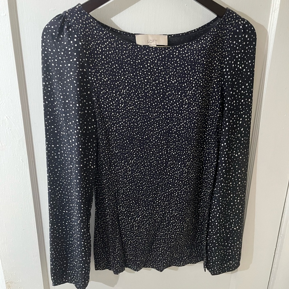LOFT Size Small Navy Polka Dot Blouse Long Sleeve Lightweight Dressy Top